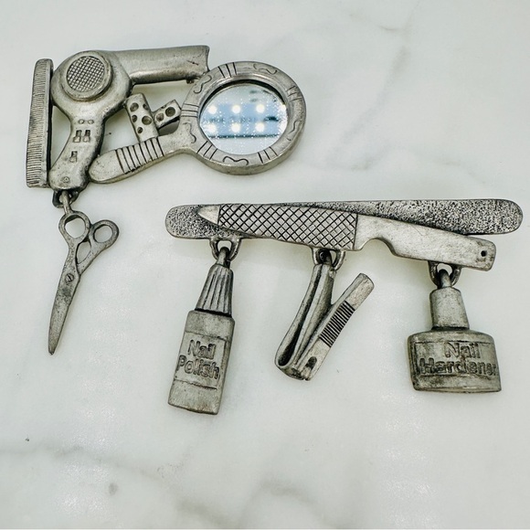 Vintage Pewter Brooch Lot Salon Manicure Nail Spoontiques JJ Blow Dryer Scissor - Picture 10 of 10
